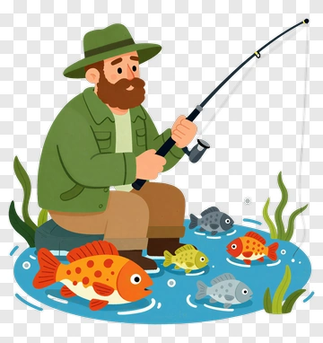 Cartoon Fisherman Catching Colorful Fish PNG