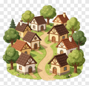 Charming Village With Quaint Houses And Lush Trees PNG