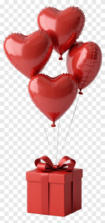 Heart Balloons Above A Gift Box PNG