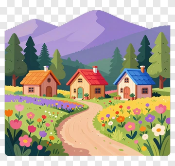 Colorful Houses In A Flowering Landscape PNG