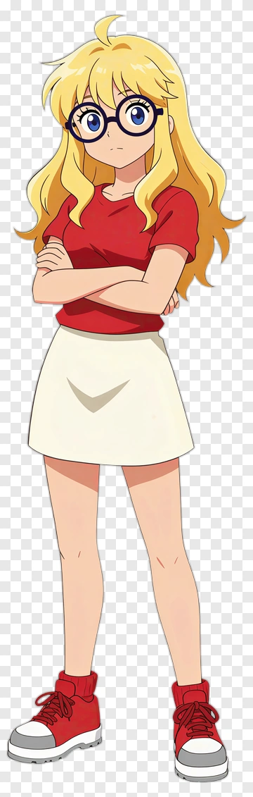 Cartoon Girl With Glasses Wearing A Red Shirt And White Skirt PNG