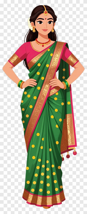 Woman In Green Saree With Gold Polka Dots PNG
