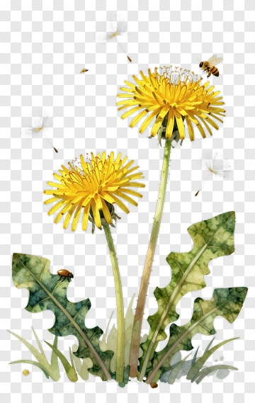 Watercolor Dandelions With Bees PNG