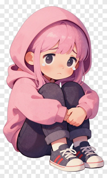 Sad Girl Sitting With A Pink Hoodie PNG
