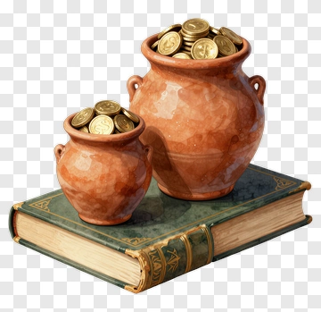 Two Pots Of Coins On A Book PNG