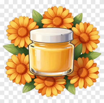Jar Of Yellow Honey Surrounded By Orange Flowers PNG