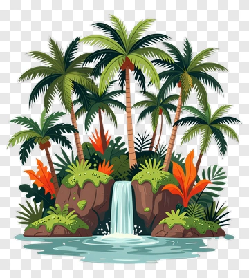 Tropical Waterfall Surrounded By Palm Trees PNG