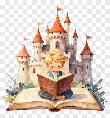 Boy Reading A Book In Front Of A Castle PNG