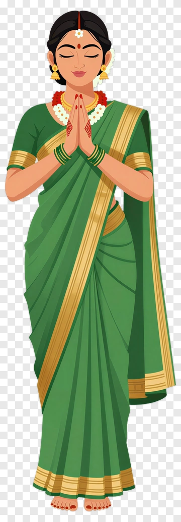 Woman In Green Saree With Folded Hands PNG