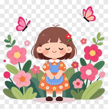 Cartoon Girl Standing Among Flowers PNG