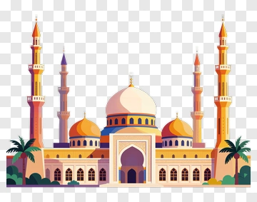 Colorful Mosque With Minarets And Palm Trees PNG