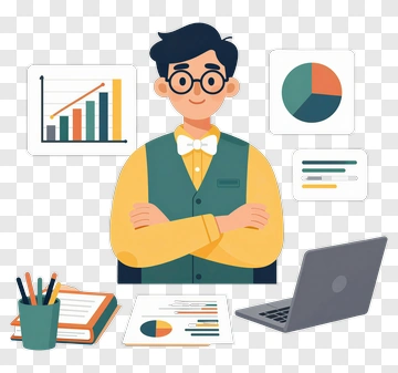 Businessman Standing With Charts And Laptop PNG