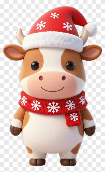 Cartoon Cow Wearing A Santa Hat And Scarf PNG