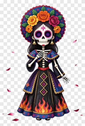 Colorful Skeleton Woman In Traditional Dress PNG