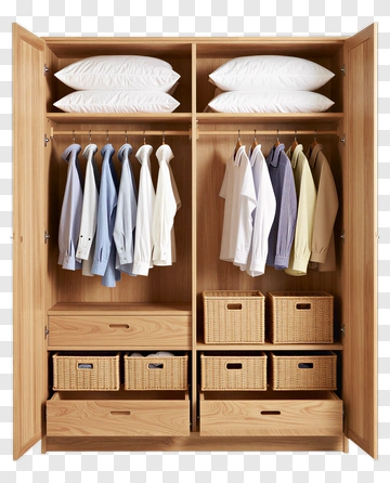 Wooden Wardrobe With Shelves And Drawers PNG