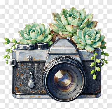 Camera Surrounded By Succulent Plants PNG