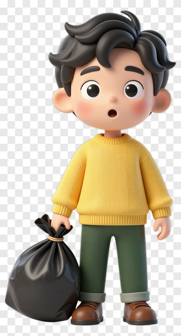 Cartoon Boy Holding A Black Garbage Bag PNG