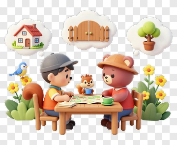 Cartoon Children Planning In A Garden PNG