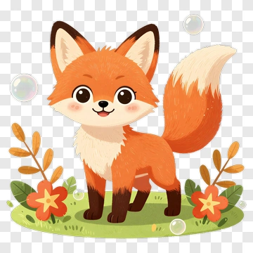 Cartoon Fox Standing In A Flower Garden PNG