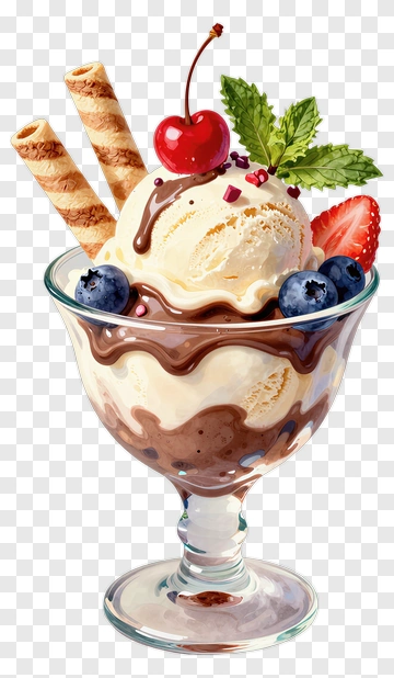 Ice Cream Sundae With Berries And Wafer Sticks PNG