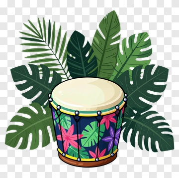 Colorful Drum Surrounded By Tropical Leaves PNG