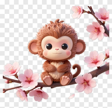 Cute Cartoon Monkey Sitting On A Cherry Blossom Branch PNG