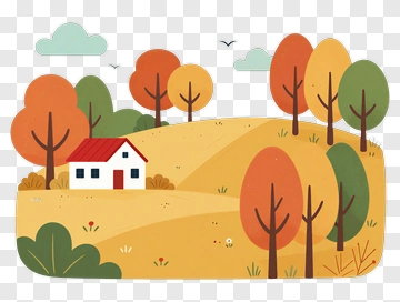 Colorful Autumn Landscape With House And Trees PNG