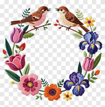 Embroidered Floral Wreath With Birds PNG
