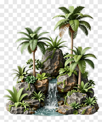 Tropical Waterfall With Palm Trees And Rocks PNG