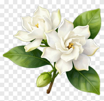 White Gardenia Flower With Green Leaves PNG