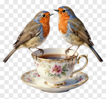 Bluebirds On A Floral Tea Cup PNG