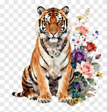 Watercolor Tiger Surrounded By Flowers PNG