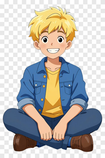 Cartoon Boy Sitting With A Smile PNG