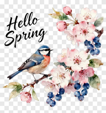 Blue Bird Among Spring Flowers PNG