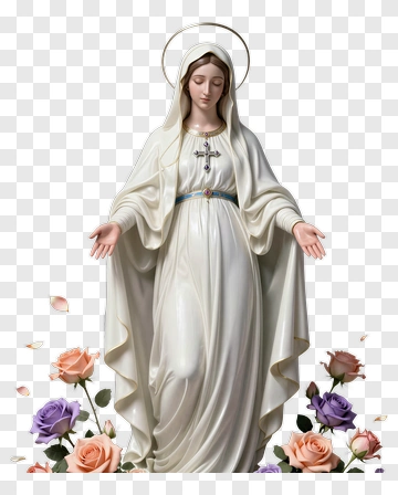 Statue Of The Virgin Mary Surrounded By Flowers PNG