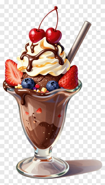 Delicious Chocolate Sundae With Strawberries And Cherries PNG
