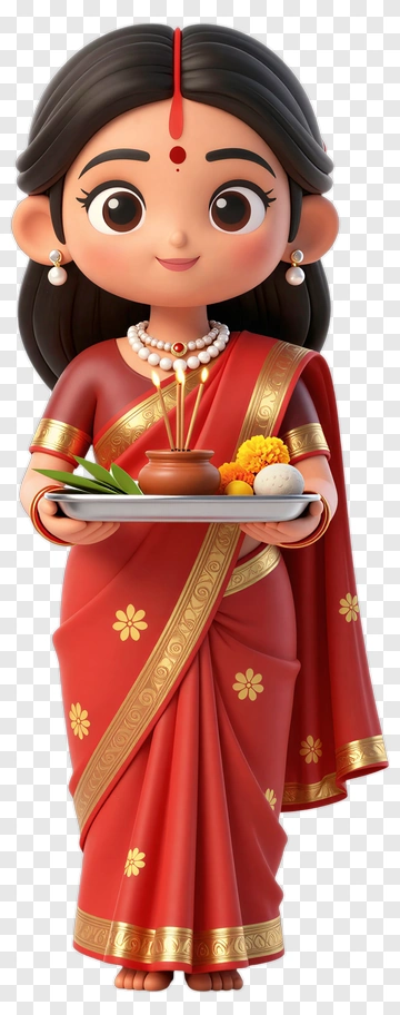Cartoon Woman In Red Saree Holding A Plate Of Offerings PNG