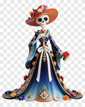 Colorful Skeleton Figurine In Traditional Dress PNG