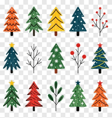 Colorful Christmas Trees And Branches PNG