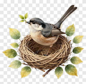 Bird In Nest With Leaves PNG