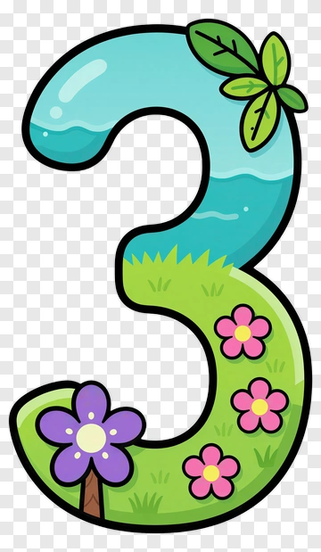 Colorful Number Three With Flowers And Leaves PNG