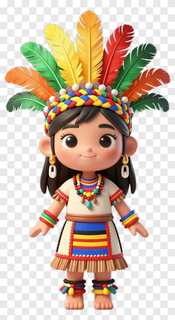 Cartoon Girl Wearing Colorful Feather Headdress PNG