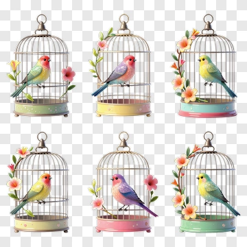 Colorful Birdcages With Singing Birds PNG
