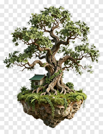 Fantasy Tree With House On Floating Island PNG