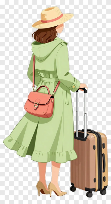 Woman With Luggage In A Green Coat PNG