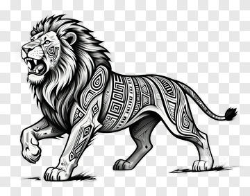 Black And White Lion With Tribal Patterns PNG
