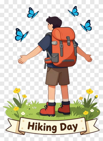 Boy Enjoying Hiking Day Surrounded By Butterflies PNG