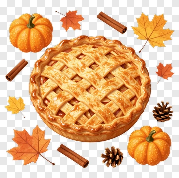 Pumpkin Pie Surrounded By Autumn Leaves And Decorations PNG