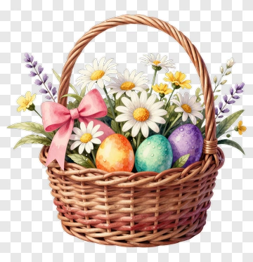 Easter Basket Filled With Colorful Eggs And Flowers PNG