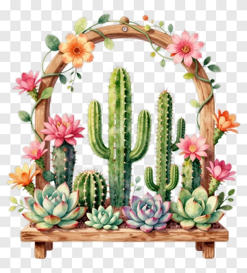 Colorful Cactus Arrangement With Flowers PNG
